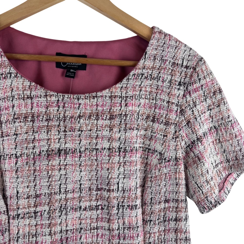 Connected Apparel Tweed Sheath Dress Women 14 Pink Short Sleeve Plaid Lined NEW